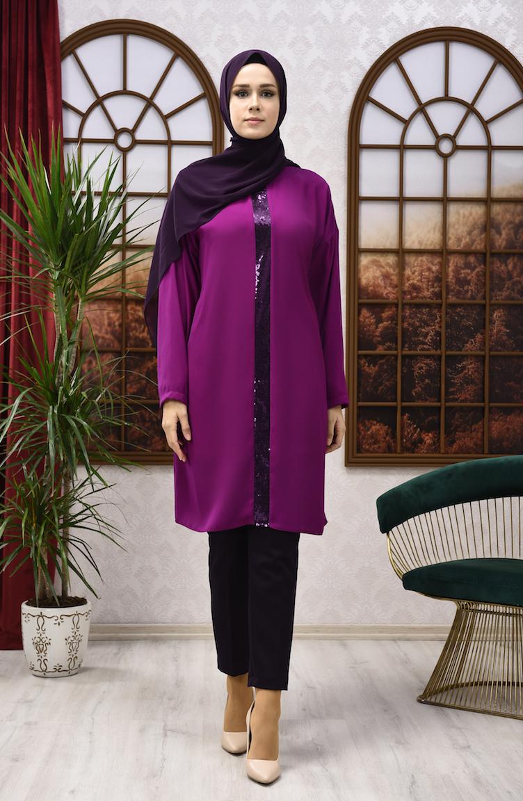 

Women's Blouses & Shirts Minahill Bat Sleeve Sequined Evening Dress Tunic 8108-05 Damson