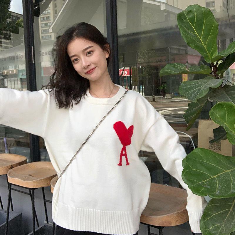 

Women' Sweaters Casual O Neck A Letter Long Sleeve Thicken Loose Winter Knitted Jumper Sweater Men/Women Peach Heart Embroidery Pullover, White
