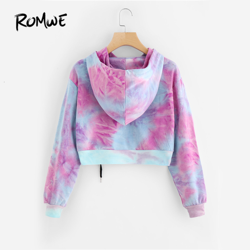

Women's Hoodies & Sweatshirts Romwe Water Color Crop Multicolor Casual Women Drawstring Hooded Sweatshirt Autumn Tie Dye Long Sleeve PT3W, As picture