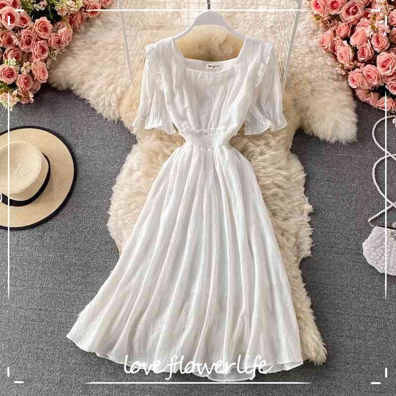

LoveFlowerLife Summer Casual Solid Puff Sleeve Dress A Line Square Collar High Waist Mid-Calf Women Party Dresses 210521, Black