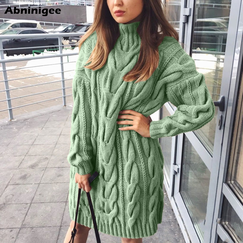 

Ladies Sweater Dress High Collar Sweaters Long Sleeve Dresses Pure Color Knitted Pullovers Sweaters Vestido Loose Warm Winter, Black