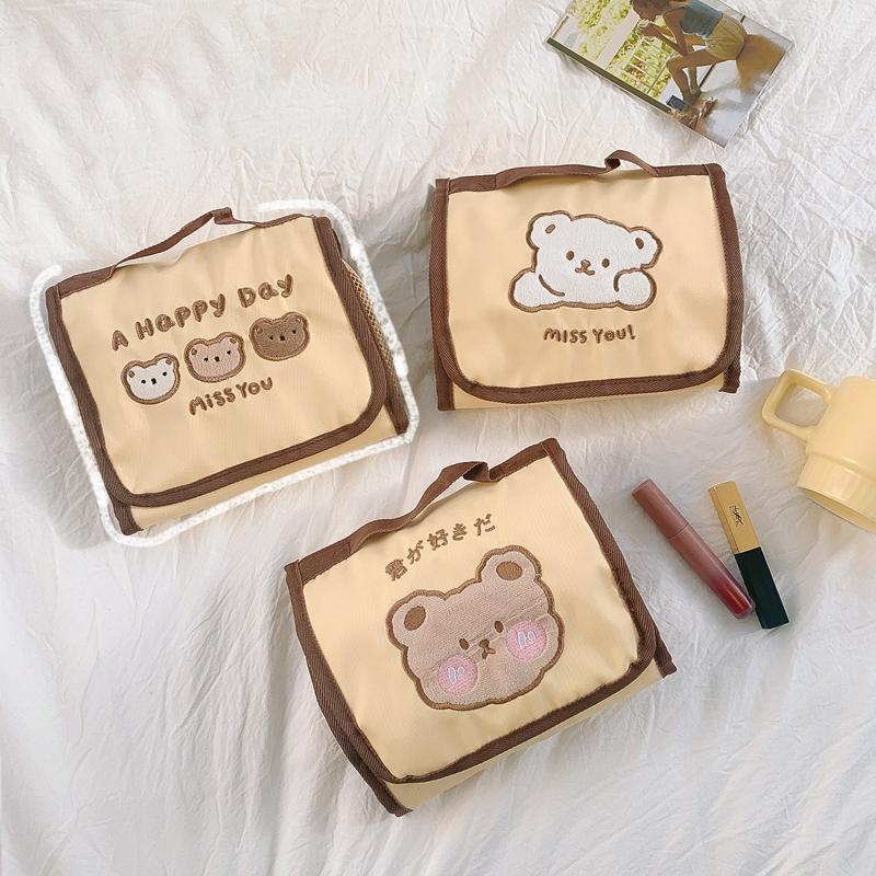 

Storage Boxes & Bins Makeup Bag Foldable Cosmetic Travel Organizer Hanging Nylon Cute Bear Mesh Separable Toiletry Japanese Pouch
