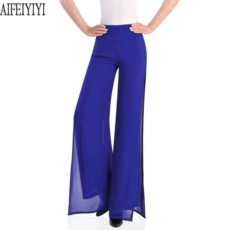 

Plus Size 2021 Korean Womens Side Split Flares Palazzo Chiffon Wide Leg Pants Loose High Waist Trousers Femme Mujer Pantalones