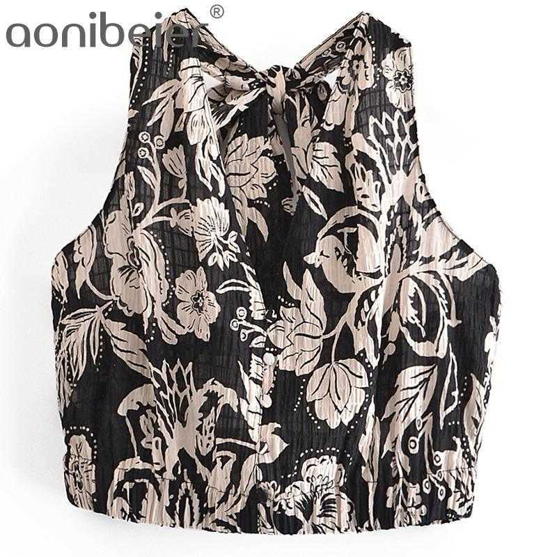 

Summer Sleeveless Button Front Deep V Neck Textured Women Cropped Blouse Printed Keyhole Back Bow Tie Elastic Hem Tops 210604, Top