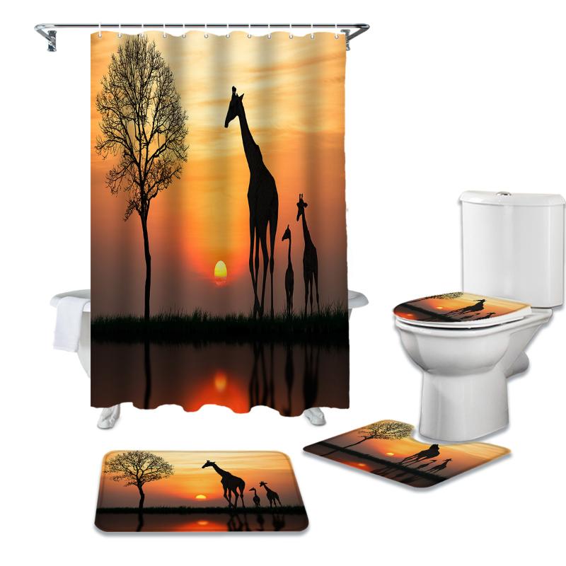 

Shower Curtains Africa Giraffe Sunrise Set Bath Mat Toilet Cover Waterproof Curtain Mats Rugs Bathroom