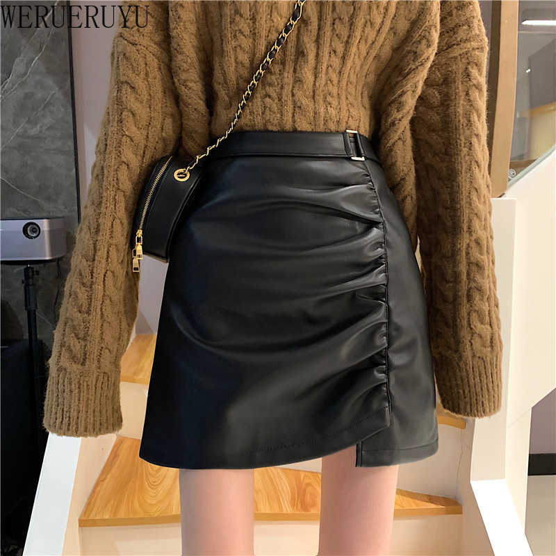 

WERUERUYU Winter Black PU Leather Skirt Women Sexy High Waist Office Ladies Asymmetrical Club Party 210608, Photo color