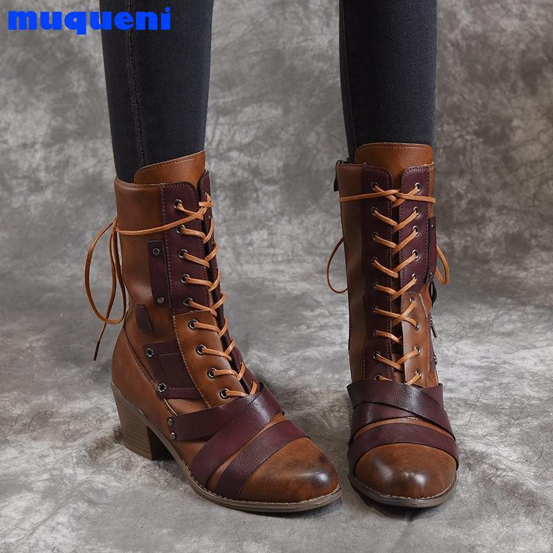

Boots 2021 Women Winter Outdoor Lace-up Ankle Ladies Square Heel PU Boot Plus Size 34-43 Casual Booties Woman Zapatos Mujer, Black