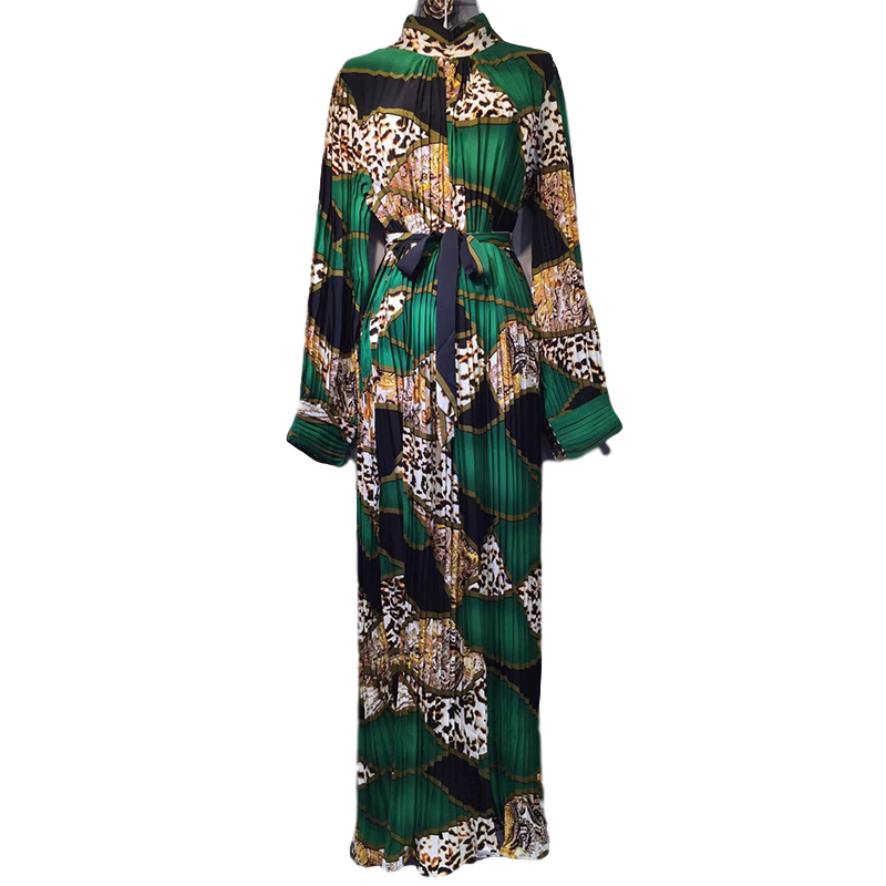 

LANMREM women long dresses famale 2021 New vintage stand collar loose slimming belt pleated long sleeve printed 135CM length, Yellow chiffon