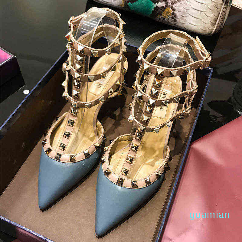 

Sandals women Shoe rivet high heel's thin heels leather strapping sandals summer pointed Liuding sho women's shallow mouth Bridmaid 2424, Red patent leather