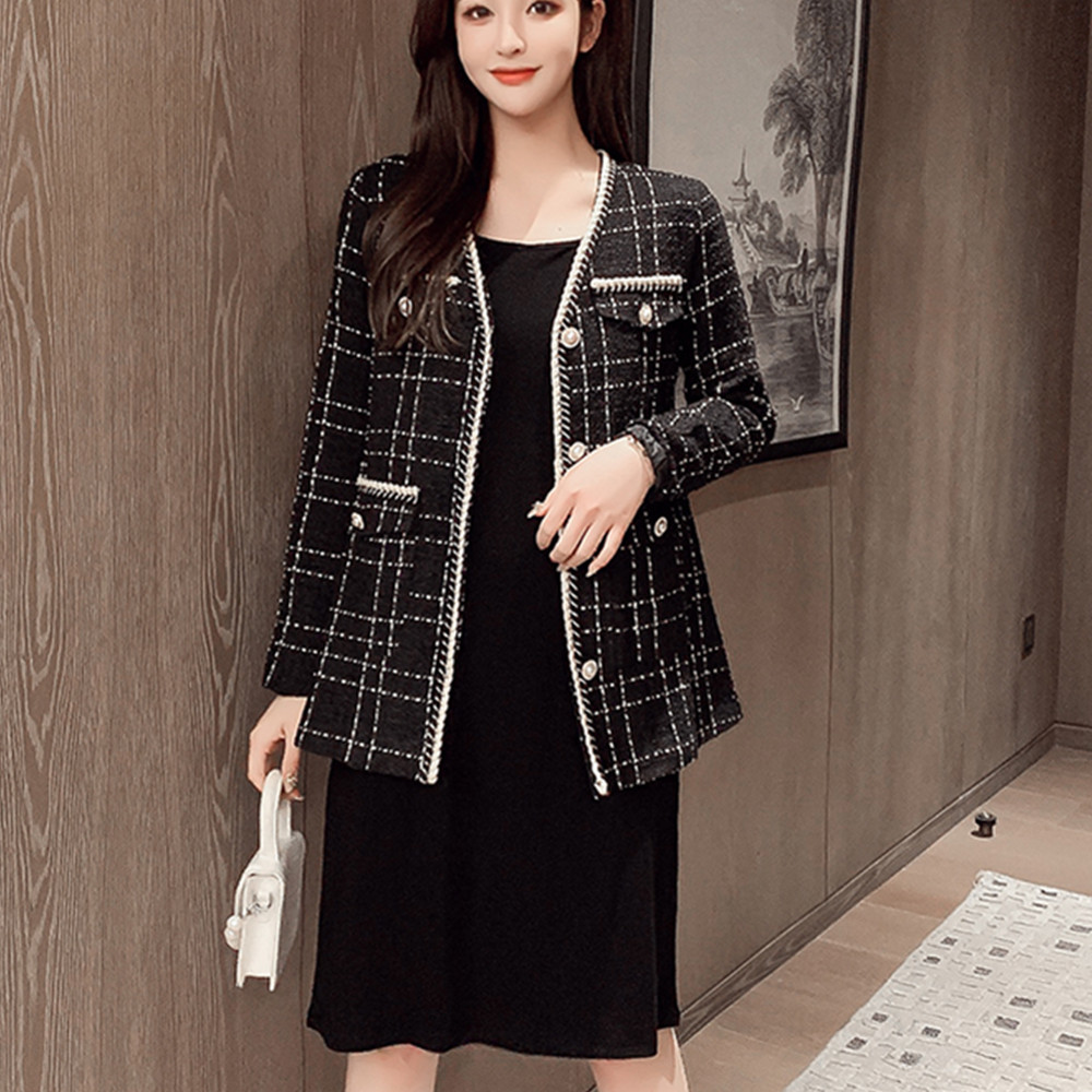

Women Autumn Fashion Plaid Tweed Jacket Coat Vintage V Neck Long Sleeve Female Outerwear Chic Tops 210520, Photo color