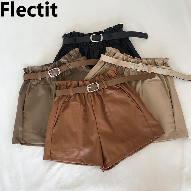 

Flectit Women Paperbag Leather Shorts With Belt Front Pocket Fall Winter Faux Leather Wide Leg High Waist Shorts Khaki Outfit *, Apricot