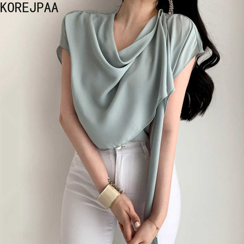 

Korejpaa Women Shirt Summer Korean Chic Ladies Elegant Temperament Piled Collar Ribbon Design Solid Color Irregular Blouses 210526, Pink