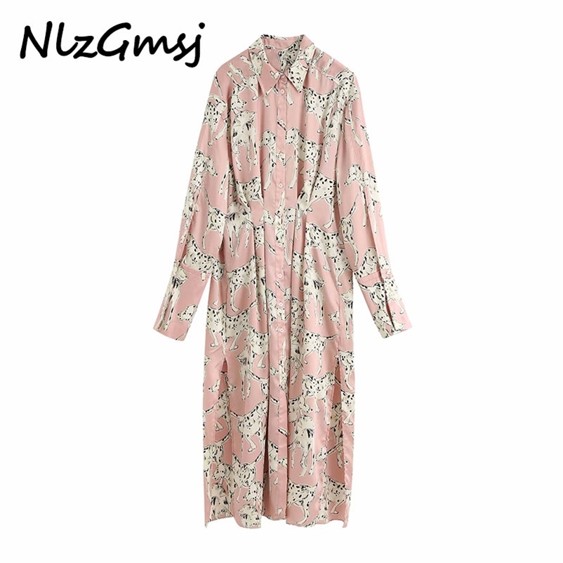 

Women Chic Fashion Animal Print Pleated Midi Shirt Dress Vintage Long Sleeve Button-up Female Dresses Vestidos 210628, As picture