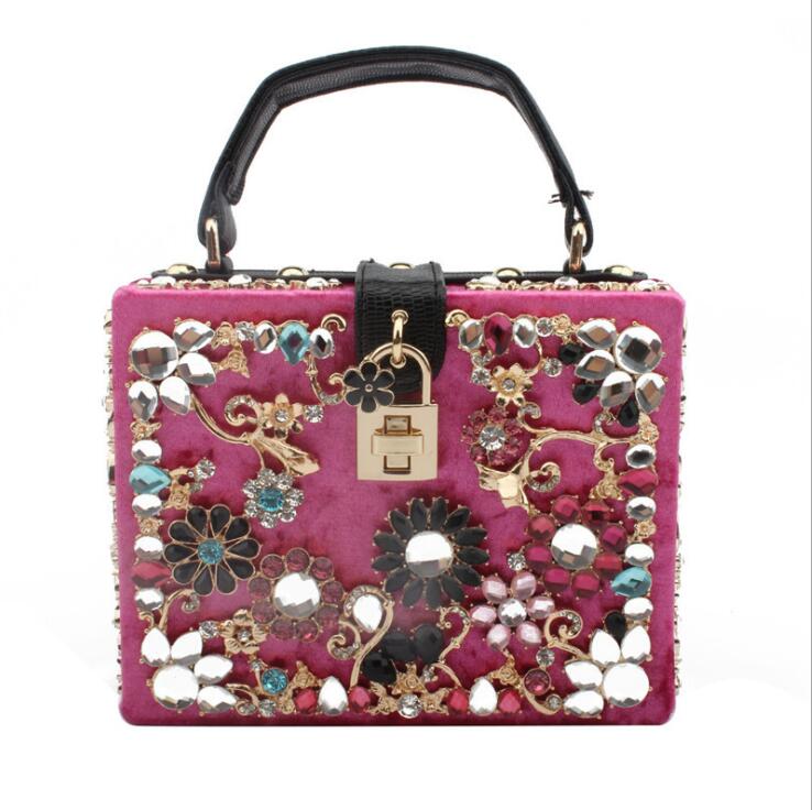 

Factory wholesale women bag high quality fashion handbag with diamonds elegant flannel dinner bags sweet and fresh pearl handbags withs diamondss, Fuchsia(boutique box)