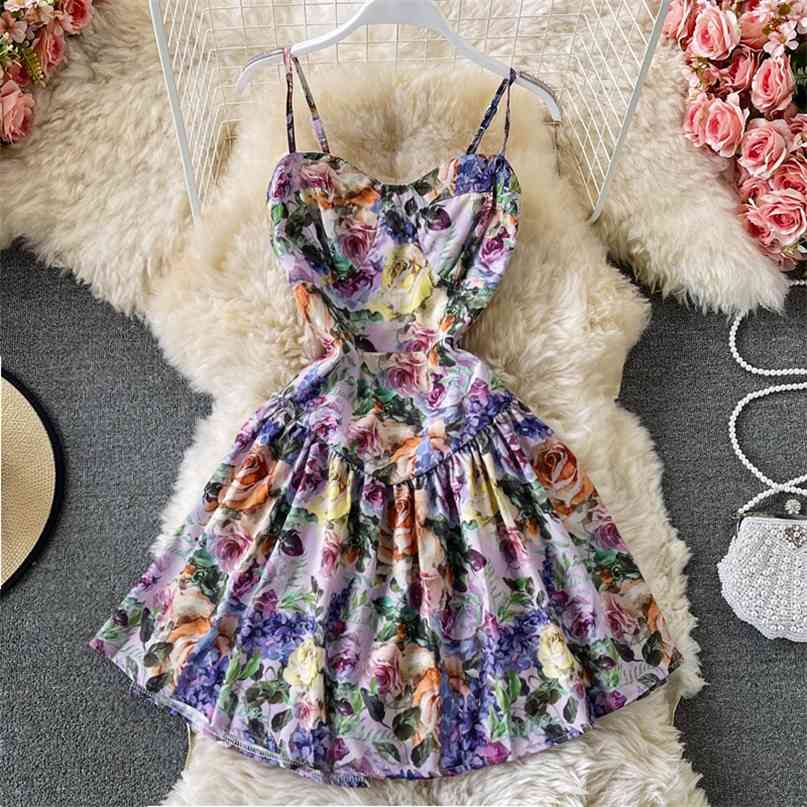 

French Floral Print Chiffon Dress Women Summer Design Spaghetti Strap Sleeveless High Waist Ruffles A-line Short 210603, Purple