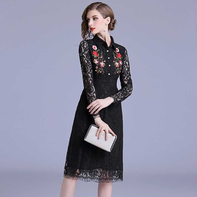 

Lace Floral Embroider Slim Tunic Maxi Dress Women Elegant Vintage Office Party Beach Fashion Large Hem Clothes Black 210525, Picture color