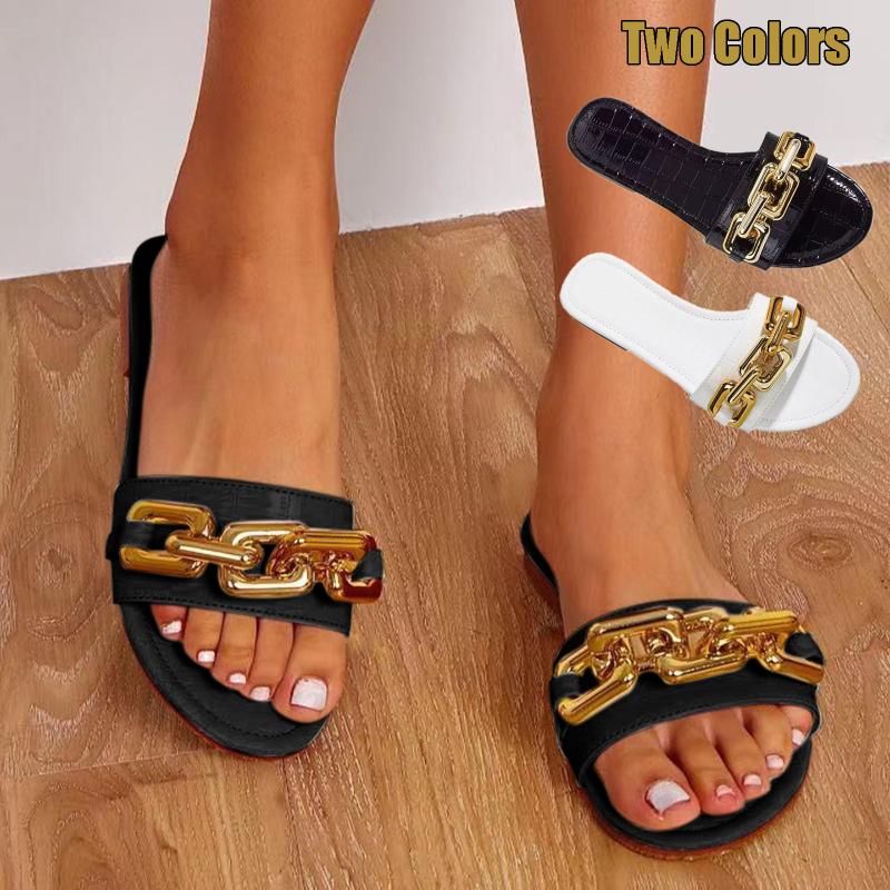 

Slippers Women's Summer Flat Round Toe Outdoor Chain Decor Slip On Shoes Fashion Casual Women Beach Slipper Chaussure R5, Black