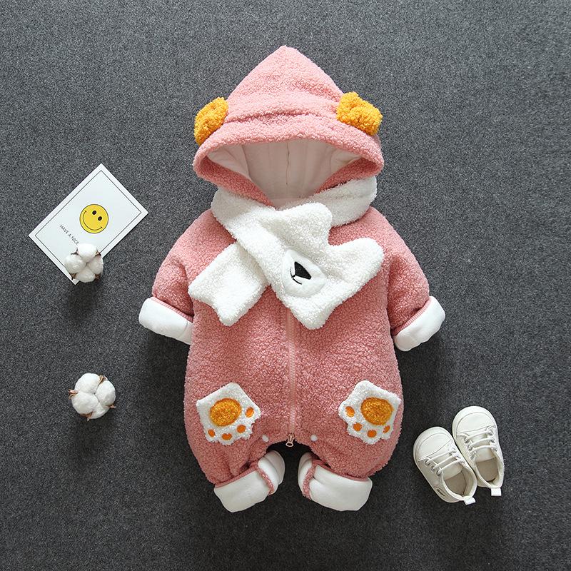 

Jumpsuits Winter Born Baby Boys Girls Clothes Outfit Thick Lamb Wool Hooded Jumpsuit For Clothing 1st Birthday Rompers With Scarf, Blue