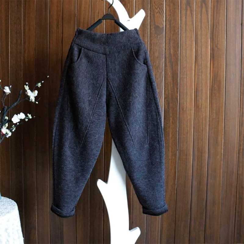 

Autumn Winter Arts Style Women Elastic Waist Loose Pants Knitting Cotton Thicken Warm Casual Harem Pants Plus Size V121 210608, Black
