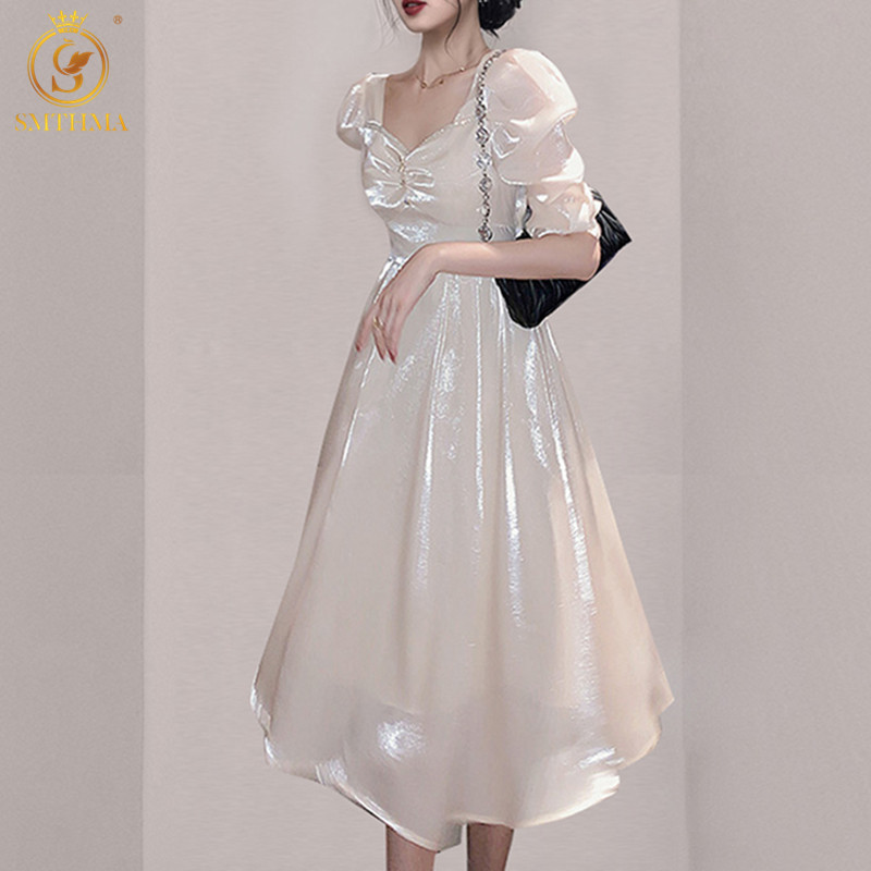 

French Elegant Long Fairy Shiny Sloid Dress Puff Short Sleeve Ladie V-Neck Vintage Party Summer Women's Clothing 210520, Photo color