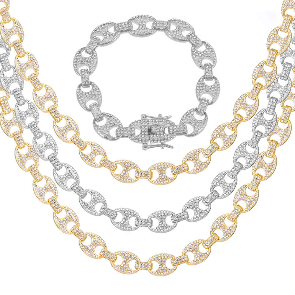 

12MM Cuban Link Chain Pig Nose Necklace Men Iced Out Cuban Link Necklace Hip Hop Chains Rock Jewelry For Men Chain Jewellery Set X0509