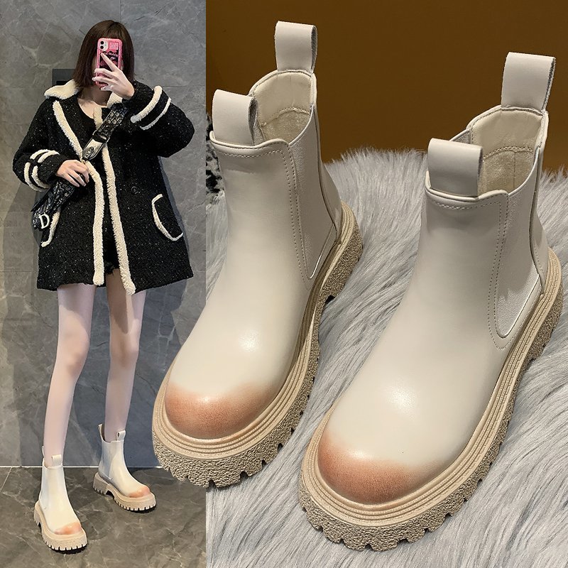 

Womens Chunky Boots 2022 NEW Chelsea Boots Ankle Female Shoes Winter Spring Mid Footwear Round Toe Woman Platform Boot, Beige