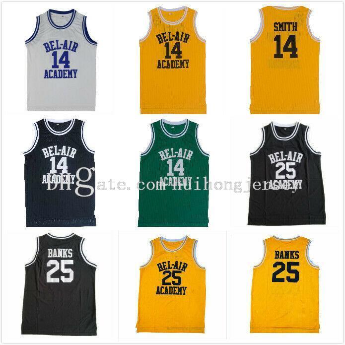 

New men Baskeball jersey #14 Will Smith Jersey The Fresh Prince of Bel Air Academy #25 Carlton Banks Movie Jerseys Black Gary Yellow Green, 14 white