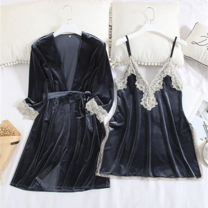 Sexy Pyjamas Fdfklak High quality gold velvet bathrobe women sexy lace sleepwear robe female homewear clothes lounge warm 2 pieces set LBD6-image-700018403