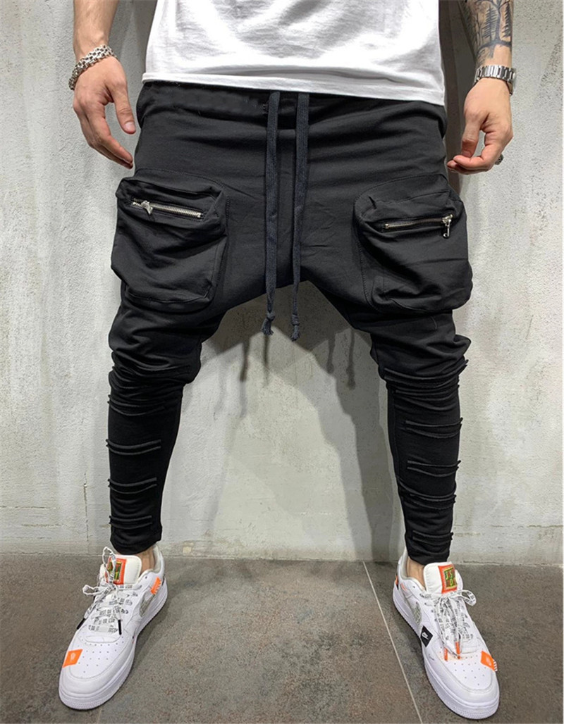 

Mens Mulit Pockets Pants Fashion Solid Color Drawstring Mens Pants Casual Sports Style Males Clothing with Zipper, Black