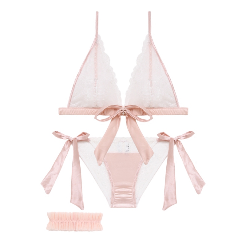 

Japanese Sweet Sexy Underwear Bra Panty Set Wireess Triange Cup Bra Thong ingerie Sets Utra Thin Bra Underwear Women Set, Pink