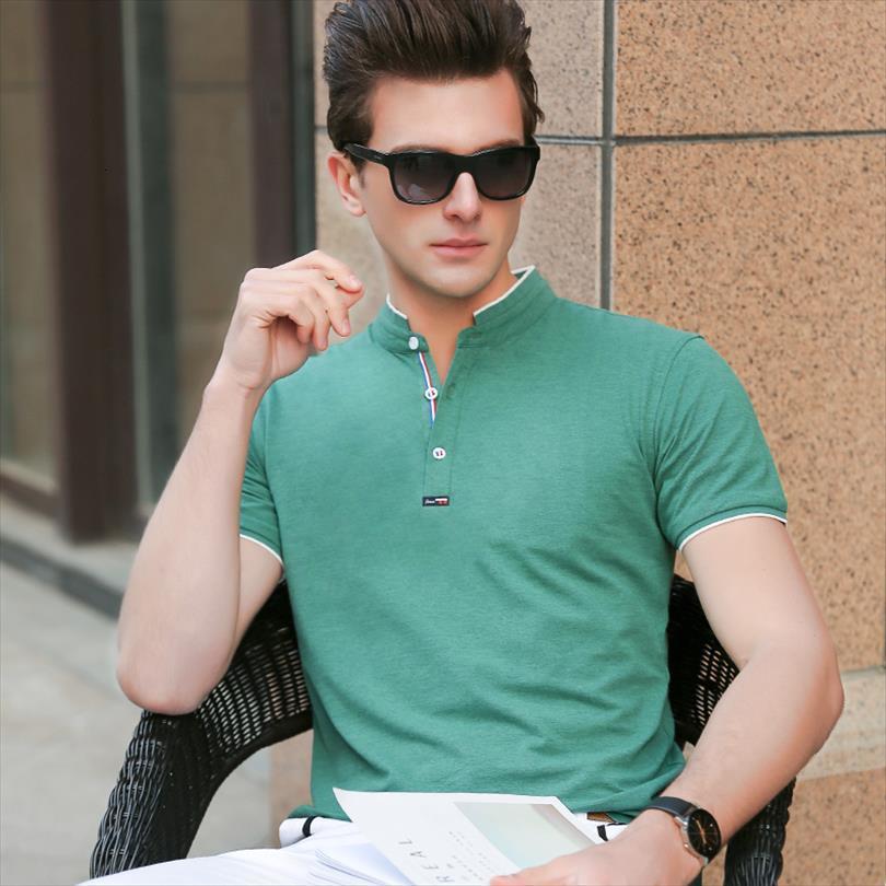 

man shirt summer casual men polos short sleeve stand collar, White;black