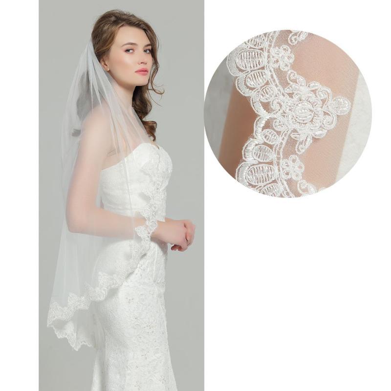 

Bridal Veils White Ivory Wedding Veil With Comb 1 Tier Lace Applique Edge Fingertip Length 41"