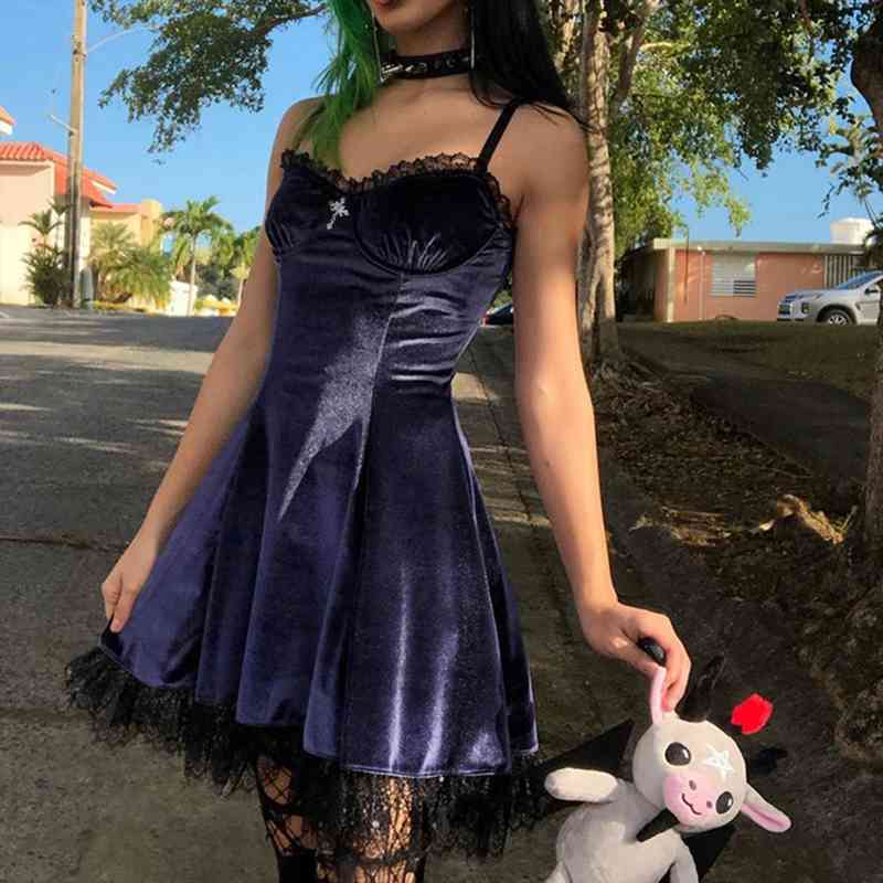 

women fashion vintage velvet lace trim ruffles lolita dress gothic punk style a line party dress y2k e-girl vestidos, Black;gray