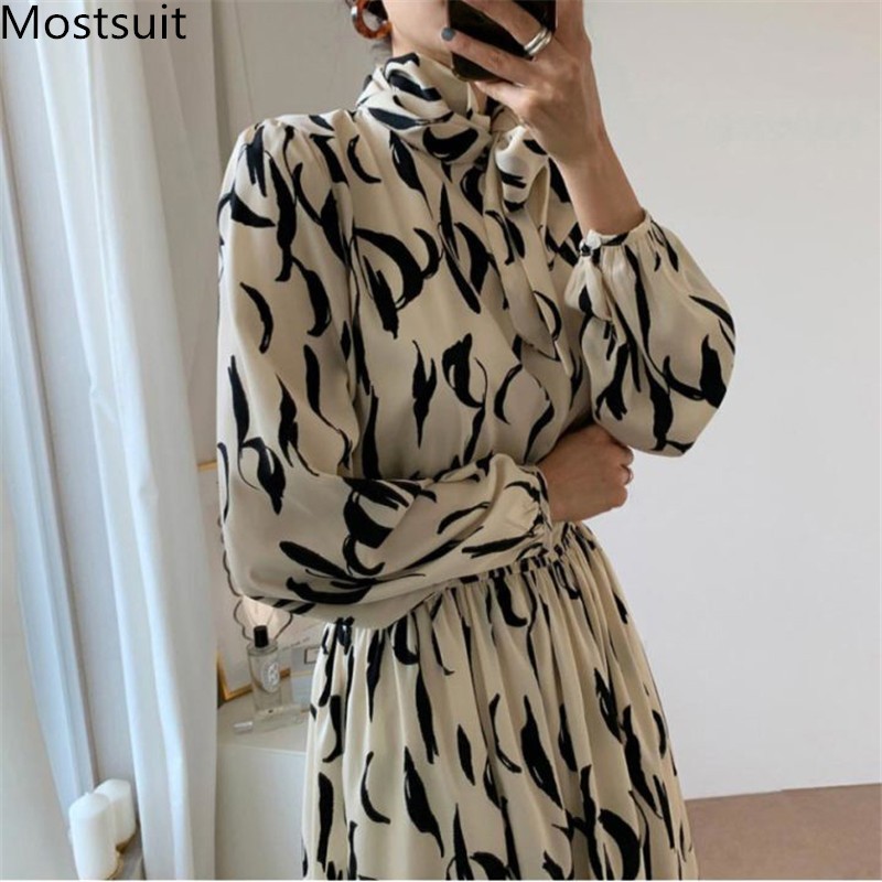 

Korean Elegant Printed Women Long Dress Spring Full Sleeve Bow Collar Elastic Waist Office Ol Style Female Vestidos Femme 210518, Khaki