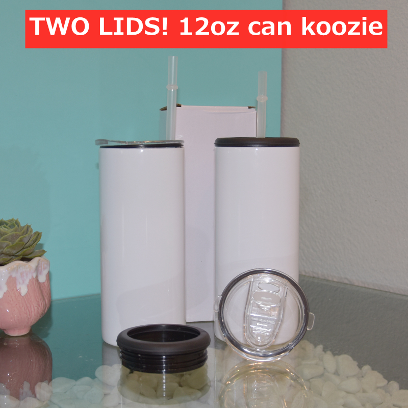 

TWO LIDS!12oz Skinny Straight Koozie Beverage cooler tumbler white blank Can koozies stainless steel cola vacuum bottle for canned drink A13