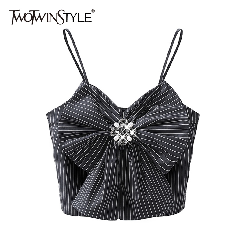 

Striped Patchwork Diamond Vest For Women V Neck Sleeveless Bowknot Short Slim Sexy Vests Female Fashion Summer 210524, Black