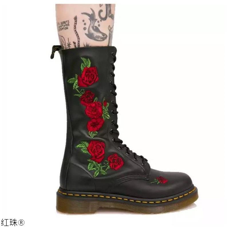 

Boots Womens Round Toe Embroidery Floral Mid Calf Platform Lace Up Retro Shoes Punk Motorcycle Black White Plus Size