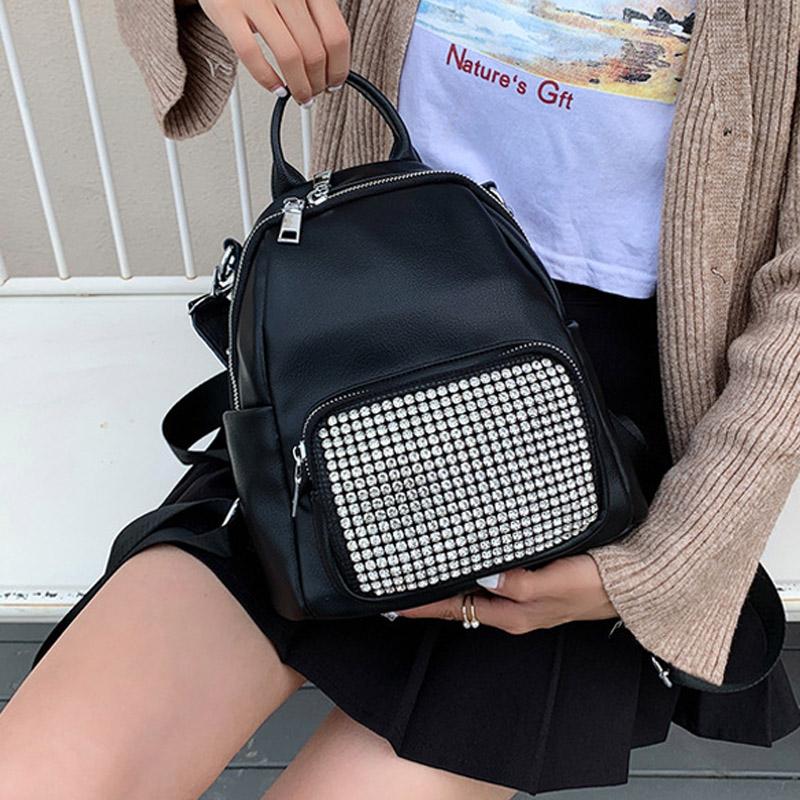 

Backpack Style Genuine Leather Women 2021 Fashion Trendy Diamond Small High Texture Soft Shoulder Handbag, Black
