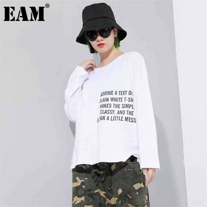 

[EAM] Women black White Pattern Printed Big Size T-shirt Round Neck Long Sleeve Fashion Spring Autumn 1DC070 210708