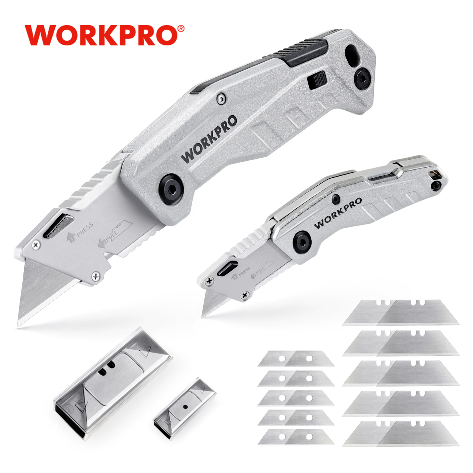 

WORKPRO 2PC Foding Utiity Knife set Wire Stripper Buit in Hande Pocket knife Quick Change with Mini Foding Box Cutter
