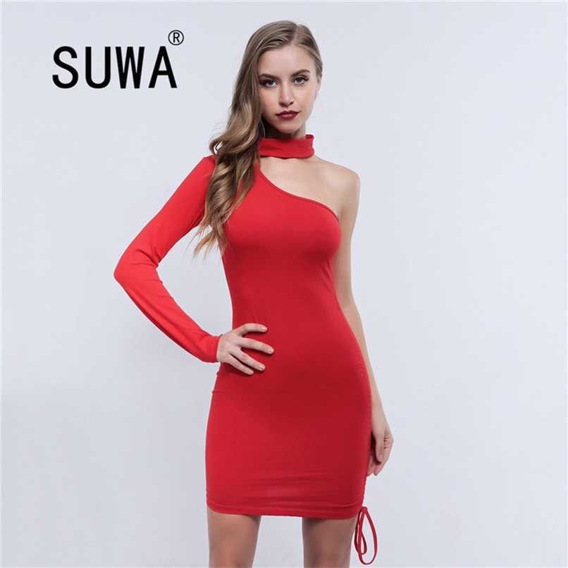 

All Red Trendy Chic One Shoulder Long Sleeve Bodycon Women Dresses Free Elegant Sexy Lady Dress Party Night Club 210525