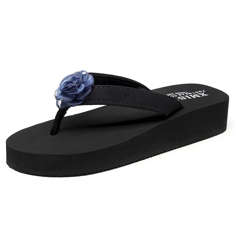 

Slippers Fashion Flower Flip Flops Wedge 2021 Women Summer Beach Platform Handmade Low Heel Slide, Black