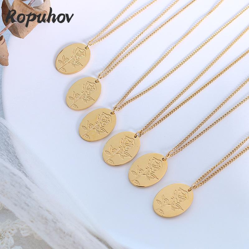 

Chains Ropuhov 2021 Woman Wind-plated Stainless Steel Rose Oval Pendant Necklace Design Sense Jewelry French Christmas Gift, Silver