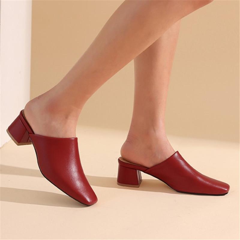 

Classic Women Mules 2021 Spring Summer Slippers Square Toe Med Heel Shoes Outdoor Slides Plus Size 34-45 Black White Red