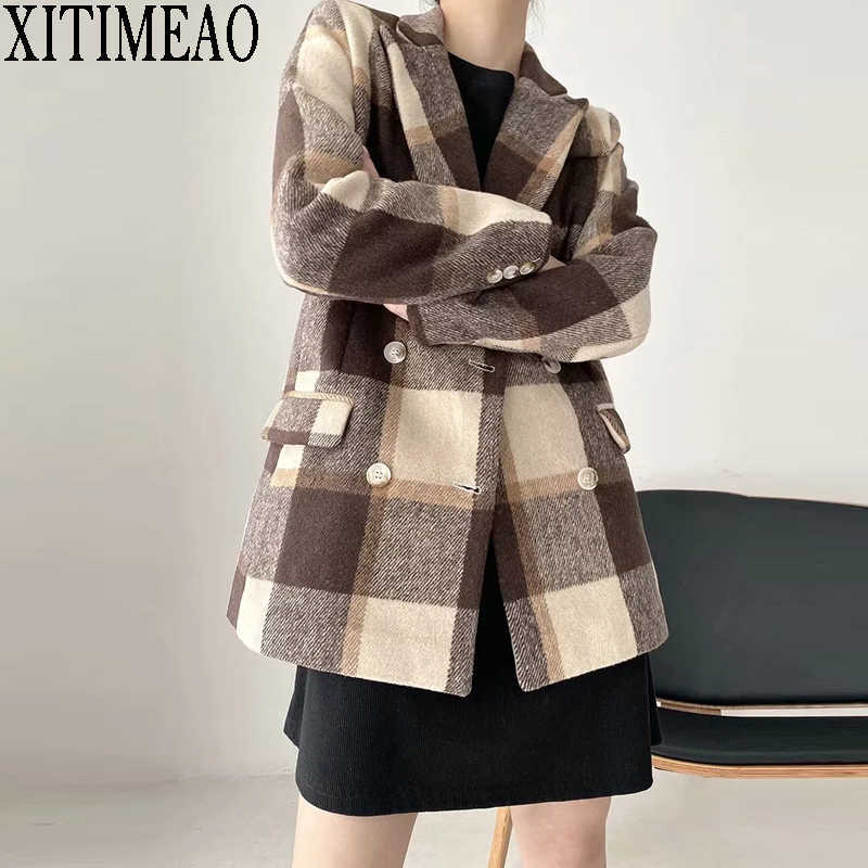 

XITIMEAO Women Casual Blazer Jacket Office Lady Pockets Slim Suit Coat Double Breasted Thickening Ladies Business Blazers 210602, As picture