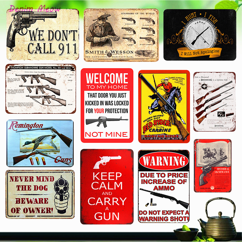 

Vintage Gun Warning Plaque Beware of The Owner Metal Tin Signs Shabby Chic Wall Art Poster Coffee Bar Pub Club Home Decor WY18