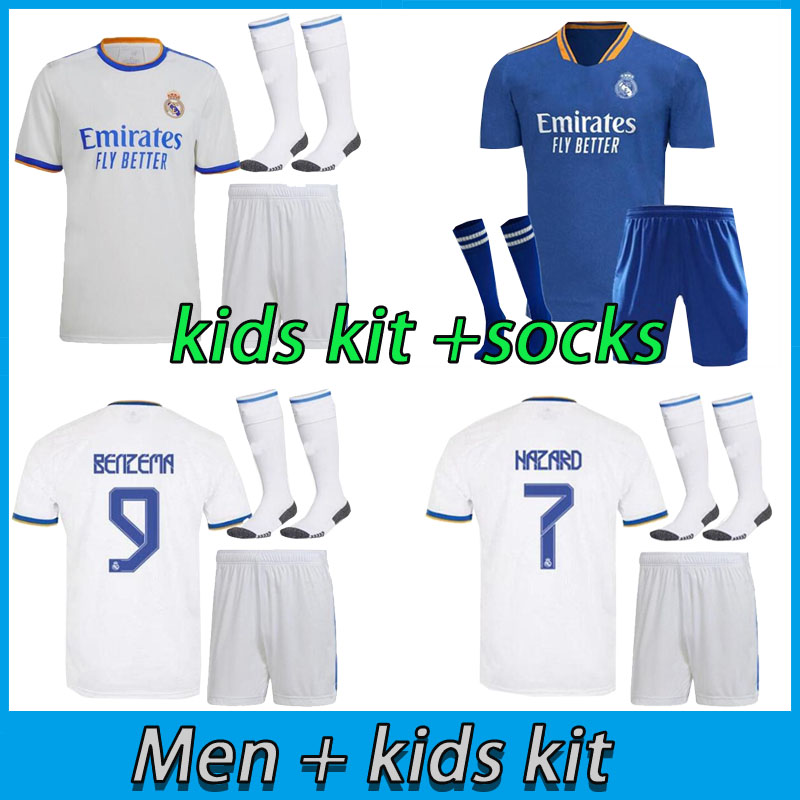 

adult kids kit+socks REAL MADRID soccer jerseys 21 22 BENZEMA HAZARD SERGIO RAMOS Casemiro ASENSIO VINICUS JR MODRIC 2021 2022 camiseta men full sets football shirts, Red