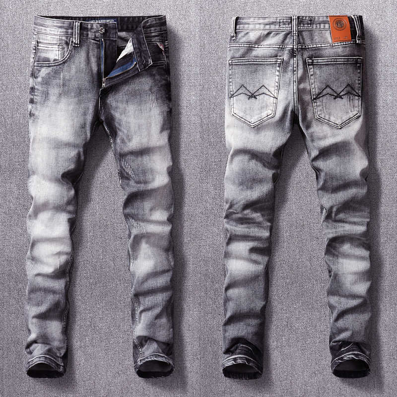 

Ly Vintage Fashion Men Jeans High Quality Retro Gray Elastic Slim Fit Ripped Italian Designer Casual Denim Pants