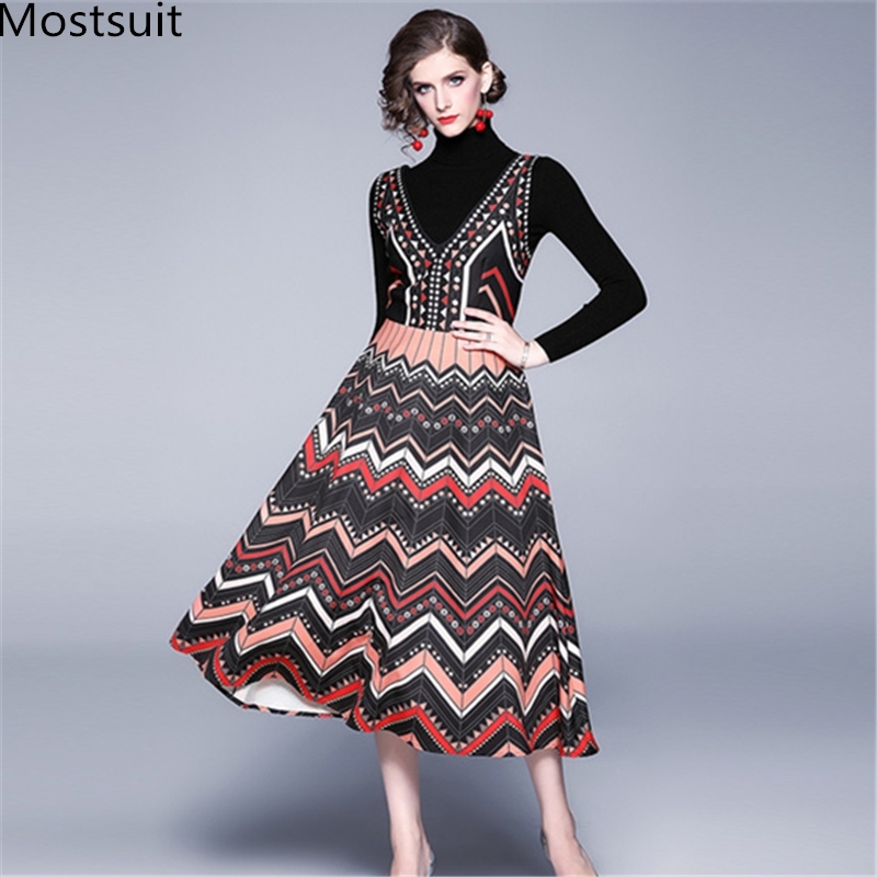 

Winter Elegant Two Piece Sets Outfits Women Turtleneck Sweater And Long Vest Pleated Dress Suits Fashion Designer 210518, Picture color