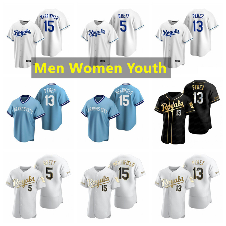 

Kansas City Royals Baseball Jerseys 13 Salvador Perez Jersey 5 George Brett 15 Merrifield Men Women Youth, Blue;black